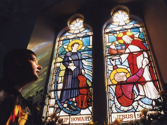 Sunlight shines through the stained glass window at The Sacred Heart Church in Bishops Field Road, Fareham May 6 1995. The News PP3154