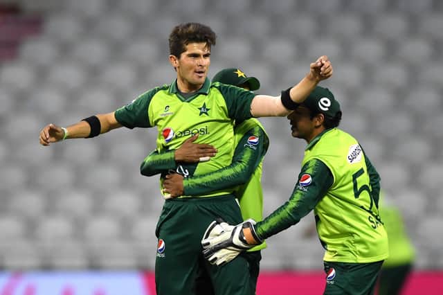 Pakistan's Shaheen Afridi celebrates the wicket of England's Jonny Bairstow during Tuesday's T20 international at Old Trafford. Afridi will now play for Hampshire in their remaining T20 Blast programme. Pic: Mike Hewitt.