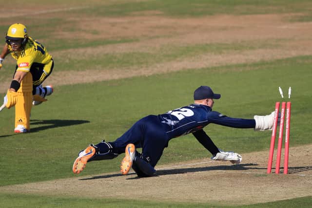 Hampshire's Lewis McManus is run out by Jordan Cox. Picture: Adam Davy.