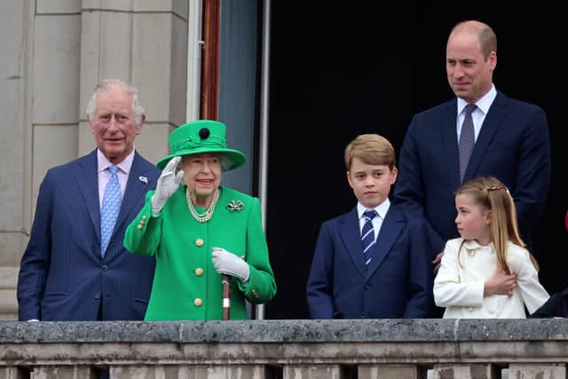 Prince Charles, the Queen, Prince George of Cambridge, Prince William, Duke of Cambridge and Princess Charlotte of Cambridge on the balcony of Buckingham Palace during the Platinum Pageant. Picture: Getty.