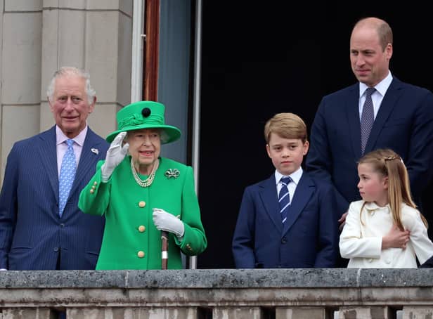 Prince Charles, the Queen, Prince George of Cambridge, Prince William, Duke of Cambridge and Princess Charlotte of Cambridge on the balcony of Buckingham Palace during the Platinum Pageant. Picture: Getty.