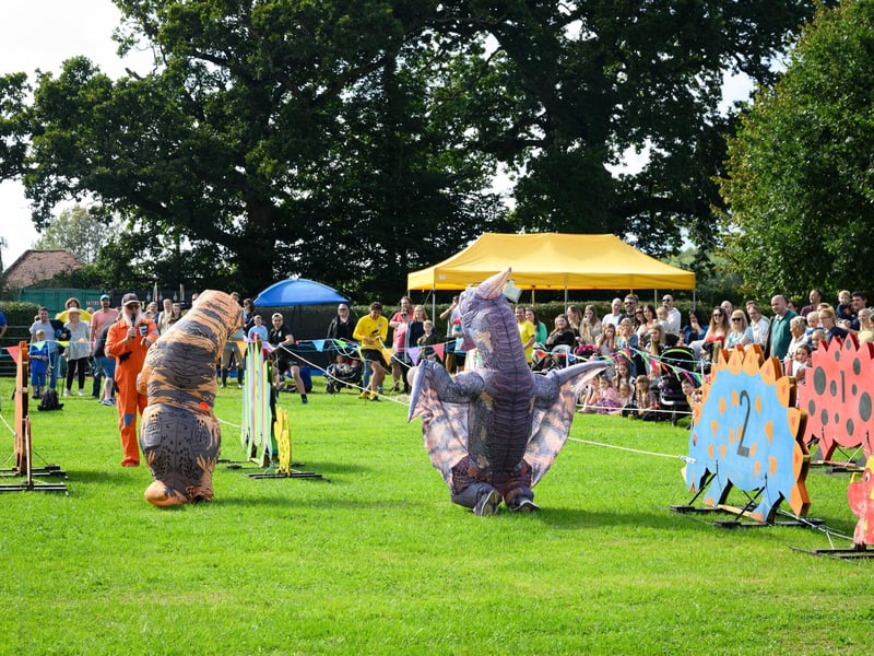 As well as wooden dinosaur racing, two people took on the challenge in dinosaur suits.  Picture: Keith Woodland (080921-89)