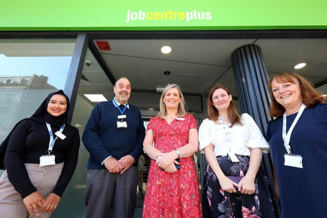 From left, Sharmin Alom, Mike Jennings, Anna Marshall, Cassie Salter and Cheryl Carter. Opening of a new job centre in Edinburgh Road, Portsmouth. Picture: Chris Moorhouse   (jpns 290921-02)