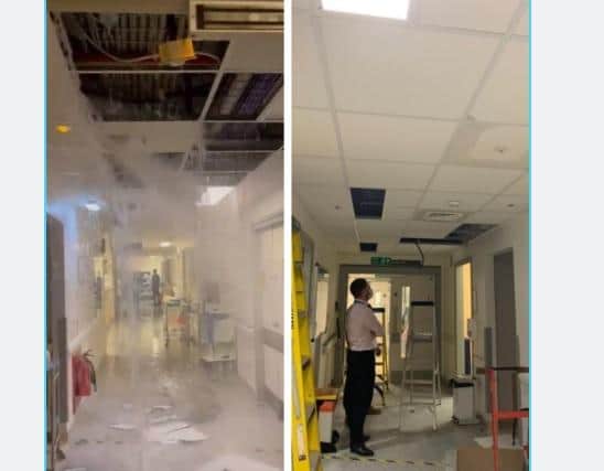 Left image: A leak at Queen Alexandra hospital in Cosham From submitted Facebook video - used without owner's permission under fair dealing January 7,2021. Right: After the repair work has been complete, supplied by Lisa Ward via Twitter.