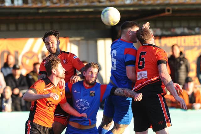 Action from AFC Portchester's 4-1 derby win over Fareham Town in front of a Wessex League record crowd. Picture: Sarah Standing