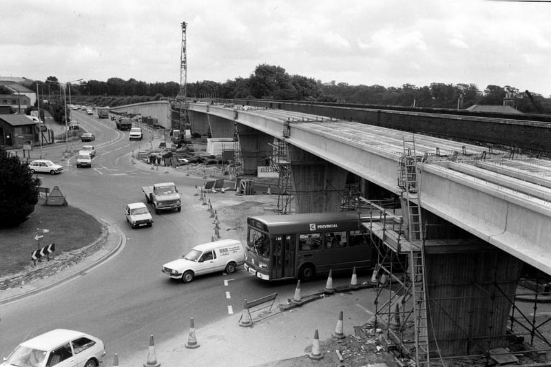 Fareham: Work on the Quay Street roundabout flyover looking north in August 1985. The News PP989