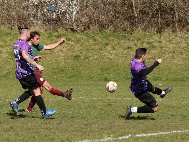 Cross Keys Athletic score one of their eight goals against Al's Bar. Picture: Kevin Shipp