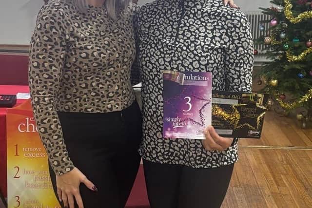 Natalie and her Slimming World Consultant Andi achieving her 3 stone award and Target