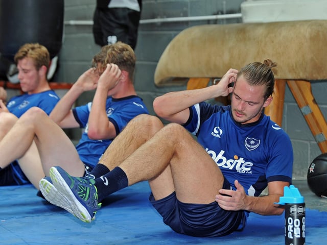 Adam McGurk and Adam Webster pictured as Pompey's squad are put through their paces at Ballys Boxing Gym in Fratton in July 2015. Picture Ian Hargreaves