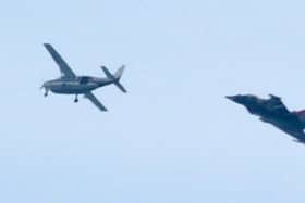 RAF Typhoon and small plane above Eastbourne on Monday September 6, 2021.
Picture: Tabitha White