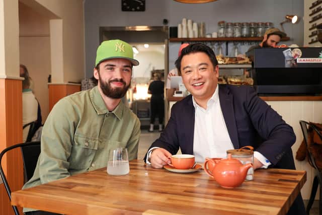 Alan Mak MP with Ollie Markham-Bradley at Ethos Coffee & Brunch in Havant
