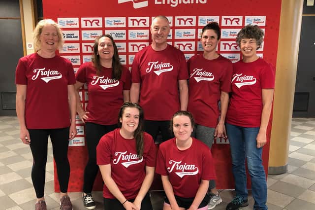 South Down Trojan swimmers in Sheffield. Back (from left): Claire Tagg, Stephanie Baron, Tony Corben (coach), Jo Corben, Helen Andrews. Front: Lucy Strowger, Sophie Hutin