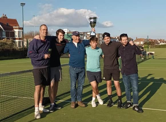Men’s Solent Cup winners Chichester - James Bird, Charlie Guimaraens, Nigel Marks (Chichester tennis chairman), Joe Glover, Matt Worden and Nigel Jones