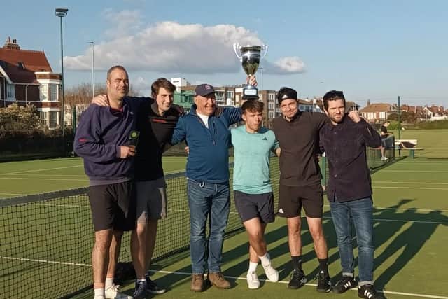 Men’s Solent Cup winners Chichester - James Bird, Charlie Guimaraens, Nigel Marks (Chichester tennis chairman), Joe Glover, Matt Worden and Nigel Jones