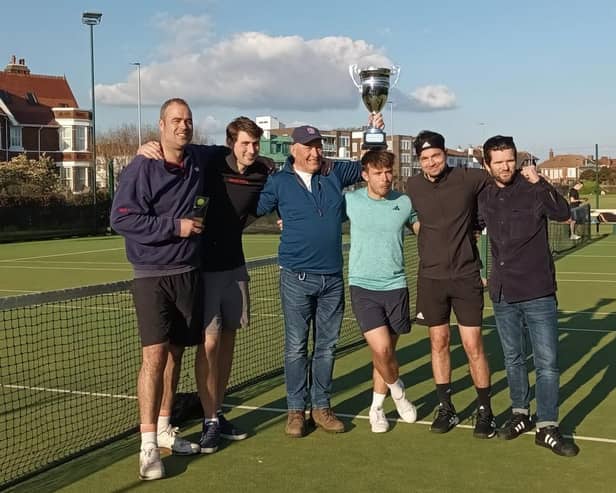 Men’s Solent Cup winners Chichester - James Bird, Charlie Guimaraens, Nigel Marks (Chichester tennis chairman), Joe Glover, Matt Worden and Nigel Jones