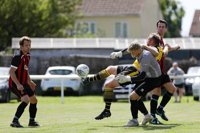 Fleetlands keeper Jayden Rideout comes under pressure watched by Sam Martin, left, and Stuart Maunder. Picture: Chris Moorhouse