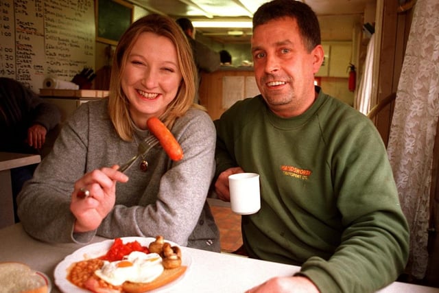 Caire Faragher gets stuck into a full English with Sheffield trucker Tony Farugo at Wendy's Cafe in 1997
