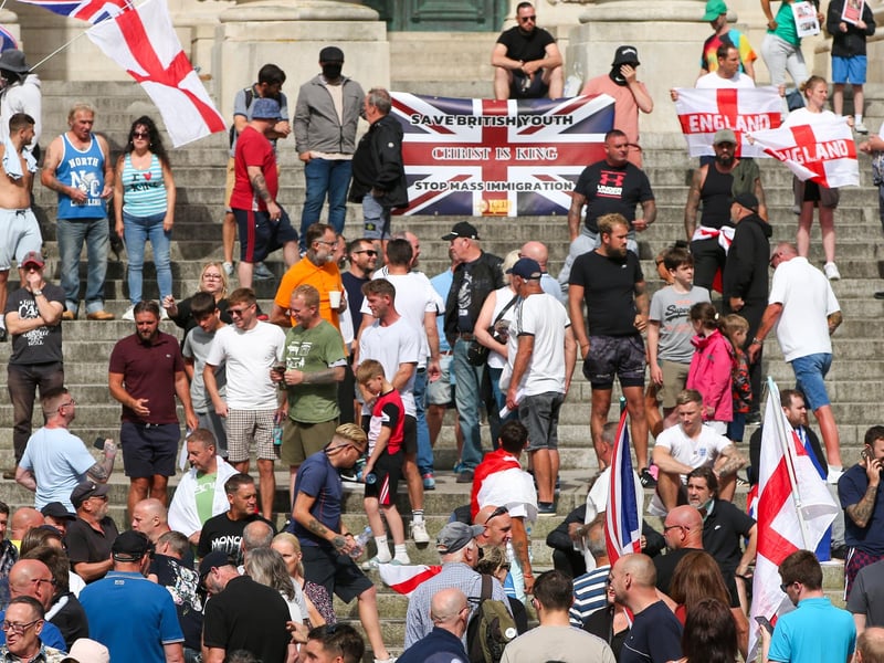 Protestors at Guildhall Square, Portsmouth. Picture: Chris  Moorhouse (030824-29)