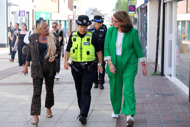 Pictured is: (l-r) Amanda Martin, Portsmouth North MP, Inspector Janine Sanger and Police Minister Dame Diana Johnson.  Picture: Sarah Standing (120825-2752)