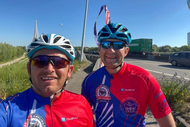 (From l to r) Barry Hodkin and Steve Barfoot cycled 400 miles over five days in the Paris to Hayling charity cycle ride in aid of NASS.