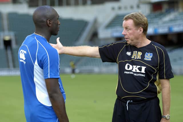 Sol Campbell and Harry Redknapp on the training pitch at the Hong Kong Stadium in July 2007. Picture: Will Caddy