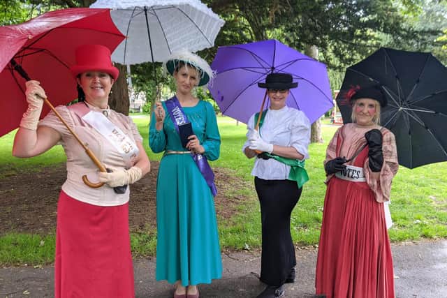 Ms Dingle-Batchelor, her daughter Mary, and their friends Rose and Fanny - also known as Rachel Goodall, Suzy Duxbury, Cordelia Carmichael, and Wendy Robson, members of Red Sauce Theatre Company. Picture: Emily Turner