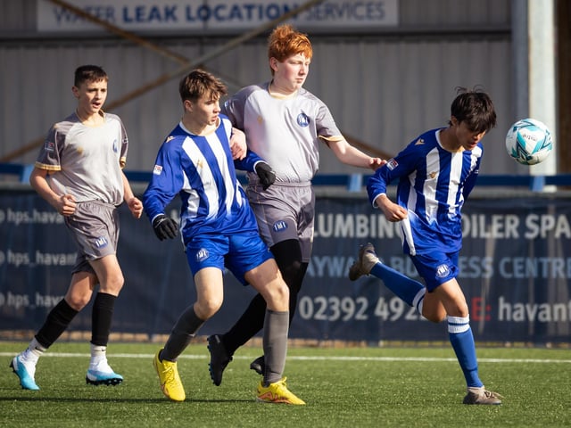 Action from the U15 Campbell McFaull Invitation Cup final between Hayling St Andrews Blue and Hayling St Andrew White. Picture: Keith Woodland (260221-6)