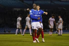 Christian Saydee celebrates netting his maiden Pompey goal during the Carabao Cup defeat to Peterborough. Picture: Jason Brown/ProSportsImages