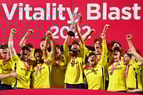 James Vince lifts the Vitality Blast T20 trophy. Photo by Harry Trump/Getty Images