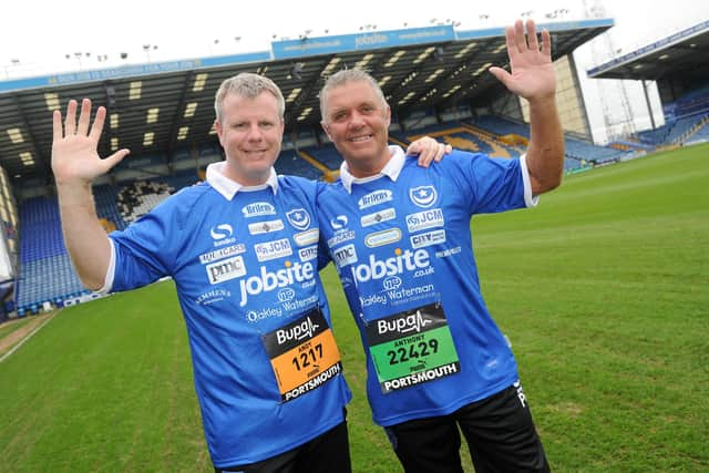 Portsmouth FC manager Andy Awford, 'Touchline' Tony Male alongside former Portsmouth player and manager Andy Awford in 2014. Picture: Sarah Standing (143029-4297).