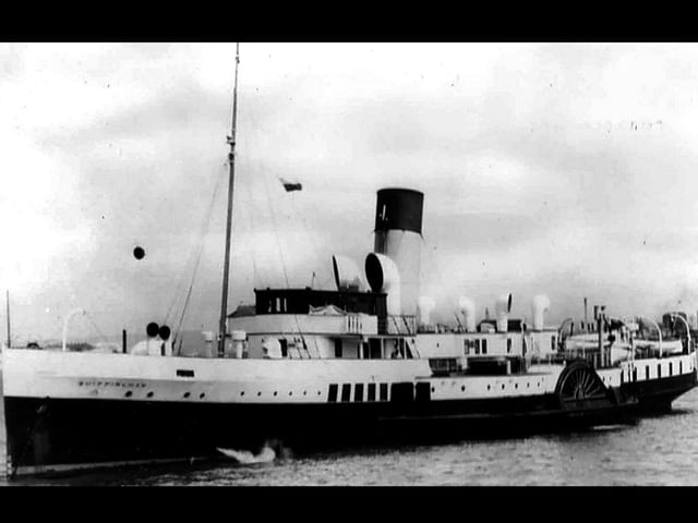 Paddle steamer Whippingham at anchor in the Solent after coaling duties off Southsea beach. The black ball indicates that she is at anchor. P S Whippingham was a passenger paddle steamer built for the Southern Railway in 1930. After distinguished war service, she returned to ferry work until she was scrapped in 1963.Picture: Mike Nolan collection