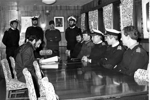 The scene in HMS Endurance when captain Nicholas Barker accepted the Argentine surrender at South Thule, Falkland Islands 14th June 1982.