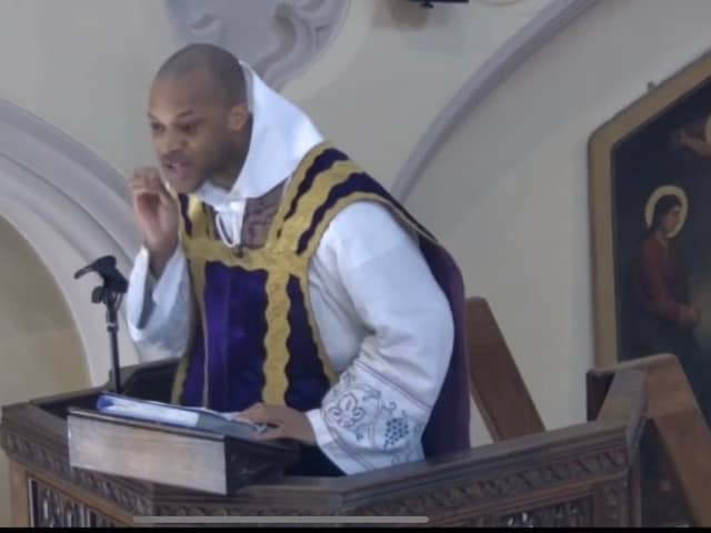 Father Rosario M Ebanks, pictured, during a video recorded sermon at St Mary’s and St Columba’s Catholic Church in Gosport