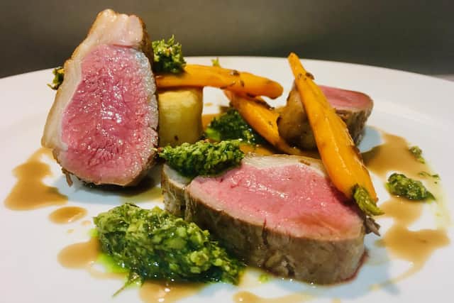 Roast lamb with carrot top salsa by Lawrence Murphy