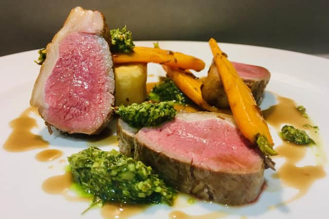 Roast lamb with carrot top salsa by Lawrence Murphy