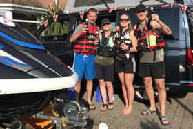 Stubbington family Sophie, Ian, Sally and Sophie Teasdale and Sam Potts who created a fun video of themselves spending a day at the beach on their own driveway to promote the stay at  home message