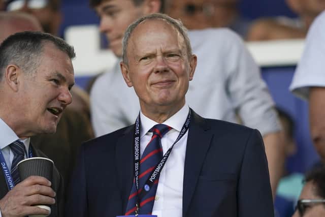 Football League chief executive Trevor Birch pictured at Fratton Park in August 2022, seen here talking to Pompey chief operating officer Tony Brown. Picture: Jason Brown