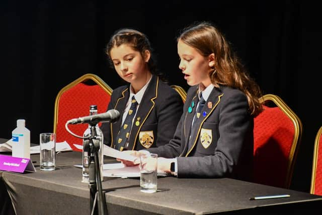 Ava and Winnie from Boundary Oak arguing opposing the statement 'This House Believes That Controversial Statues Should be Removed'.