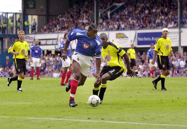 Vincent Pericard takes on Aston Villa's Jlloyd Samuel in the opening game of the 2003-04 Premier League season. Picture: Jonathan Brady