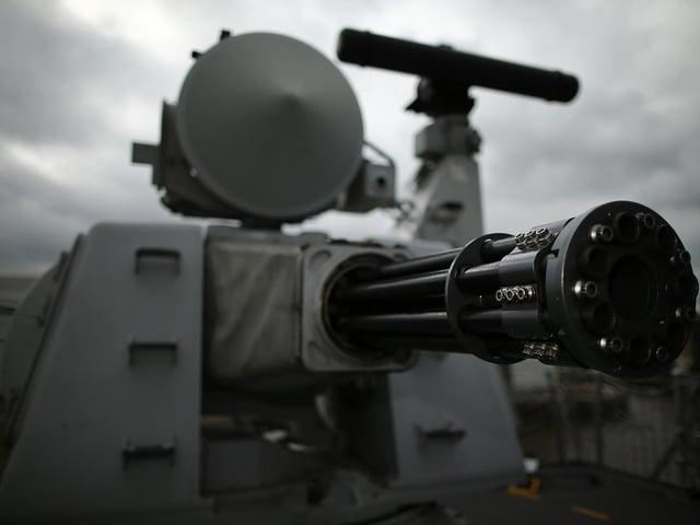 A heavy weapon machine gun is pictured on HMS Illustrious. Photo by Dan Kitwood/Getty Images