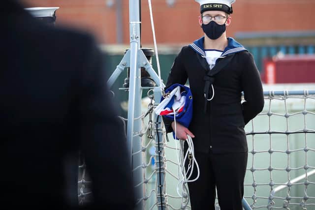 The final of five new offshore patrol vessels has formally joined the Royal Navy in a short ceremony to raise the White Ensign for the first time on HMS Spey.