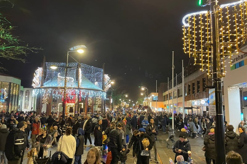 Thousands gathered for the Fareham Christmas Lights switch-on despite poor weather. Picture: Isaac Maddock.