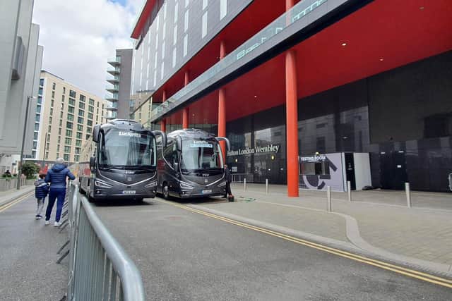 Pompey's coaches parked outside Wembley. Picture: Habib Rahman