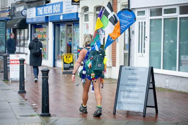 Famous charity fundraiser SpeedoMick is currently on the home leg of his 2000 mile charity walk across the UK and Ireland where he’s giving back £250,000 to local charities along the way
Pictured: SpeedoMick in Gosport on Monday 18th October 2021
Picture: Habibur Rahman