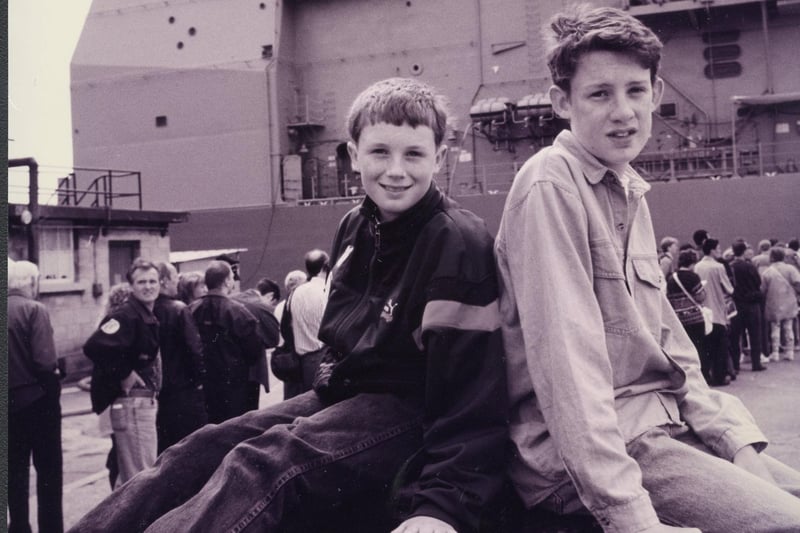 Darren and Ryan Poynter waiting to board USS Normandy at Portsmouth Navy Days, 1994. The News PP4992