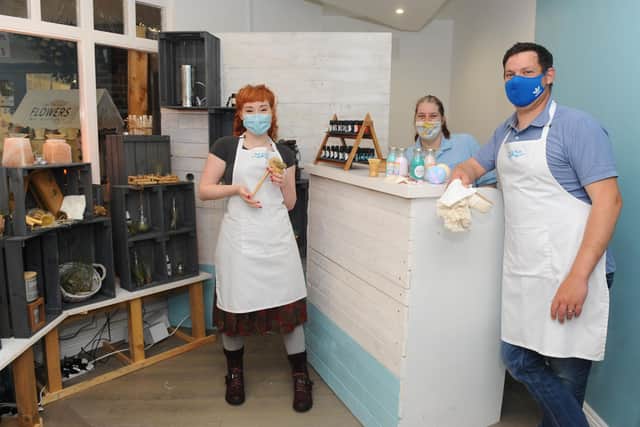 Bath & Wick in Warwick Lane, Wickham, are launching a community project running on crowdfunder.co.uk and are looking to raise funds to create a fully eco friendly shop that sells not only their products but also local producers or handmade products from the local community.
Pictured is: (l-r) Satin Bailey, general manager, Julia Locke, head of production and David Beedle, owner.
Picture: Sarah Standing (010421-5888)