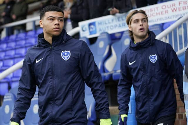 Dane Scarlett, left, is currently on loan at Pompey from Spurs, while Ryley Towler, right, was brought in permanently from Bristol City in January