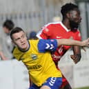 Ryan Pennery, left, in action for Gosport Borough. Tonight he scored against the club while playing for AFC Totton in the Hampshire Senior Cup.
Picture: Ian Hargreaves