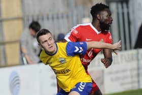 Ryan Pennery, left, in action for Gosport Borough. Tonight he scored against the club while playing for AFC Totton in the Hampshire Senior Cup.
Picture: Ian Hargreaves