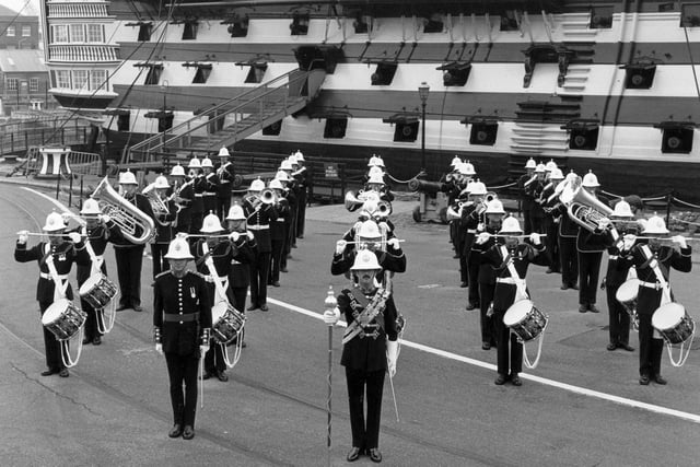 The Royal Marines band playing in formation to the side of HMS Victory in July 1979. The News PP4084